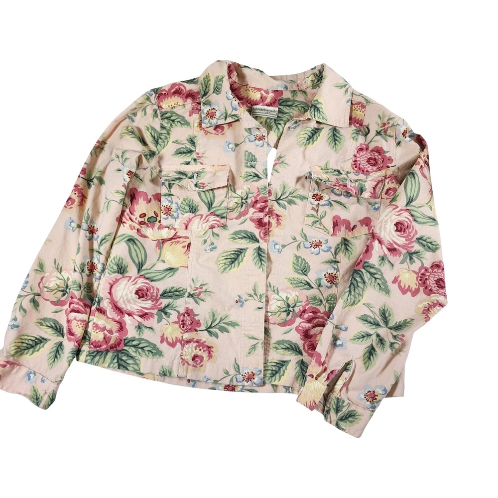 Coldwater Creek Pink Floral Denim Trucker Jacket Womens Collared Button Up L